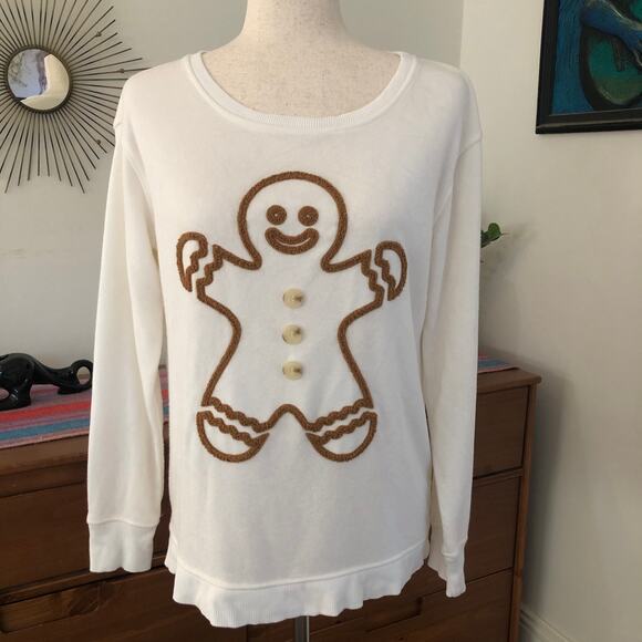 Embroidered Gingerbread Man Sweater Cream Brown M Soft Textured Christmas - Picture 1 of 8
